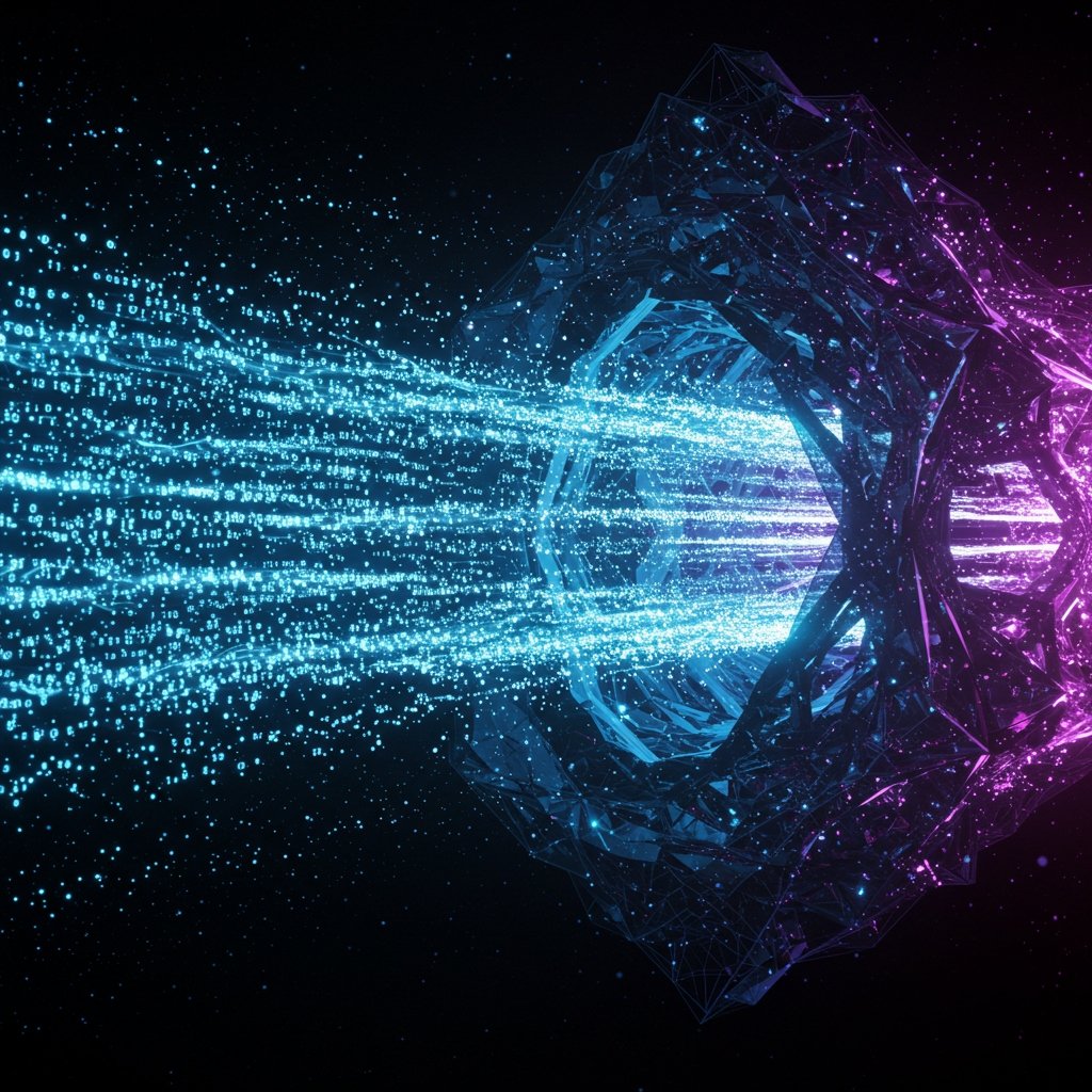 A futuristic, abstract digital art representation of video compression pointing towards xvif .